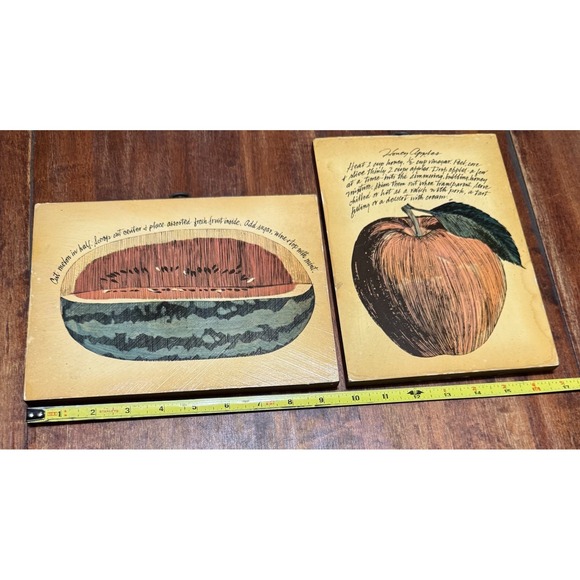 2 Vintage John Rutherford Gourmet Plaques-Apple & Watermelon on Red Wood - Picture 3 of 9